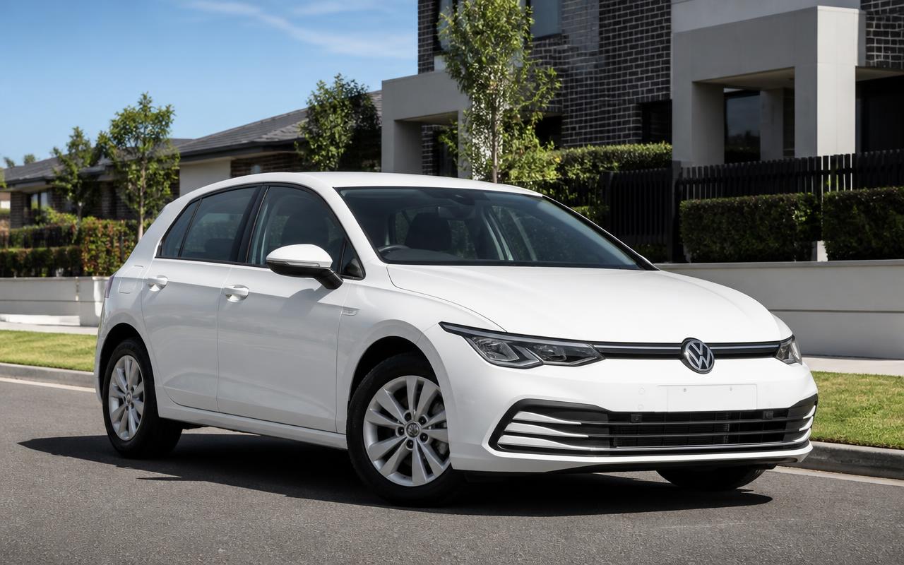 White Volkswagen Golf hatchback hire car parked in Western Sydney