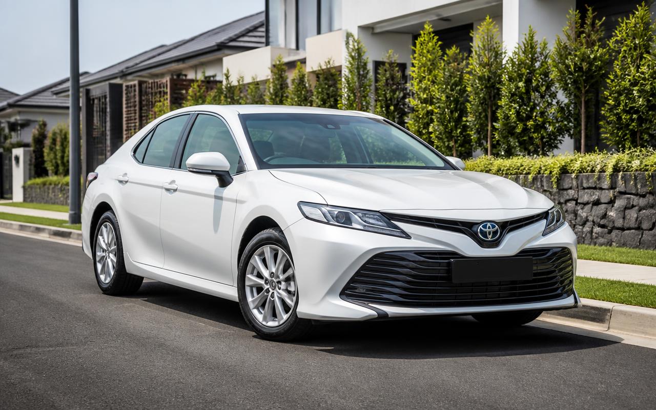 White Toyota Camry sedan hire car parked in Western Sydney